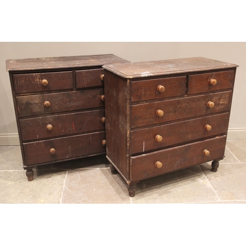 680 - A pair of stained pine chests of drawers, 19th century, each with a rectangular moulded top over two... 