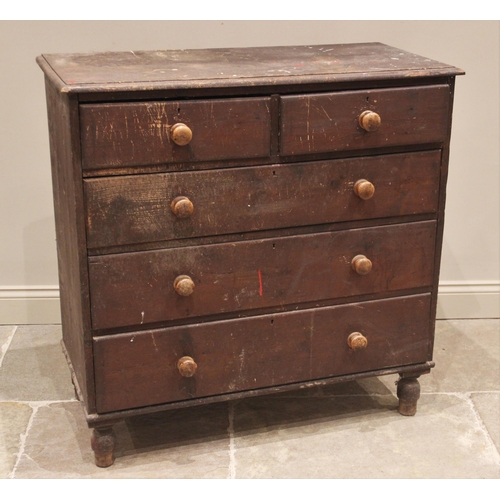 680 - A pair of stained pine chests of drawers, 19th century, each with a rectangular moulded top over two... 