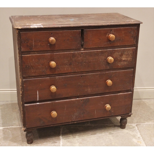 680 - A pair of stained pine chests of drawers, 19th century, each with a rectangular moulded top over two... 