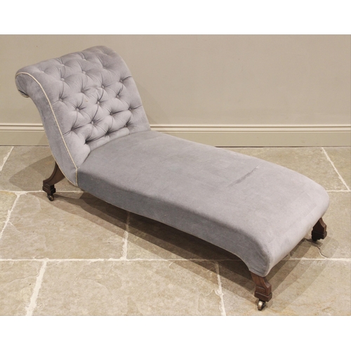 697 - An Edwardian chaise lounge, in blue velour, the button back scroll end extending to a sprung seat, u... 