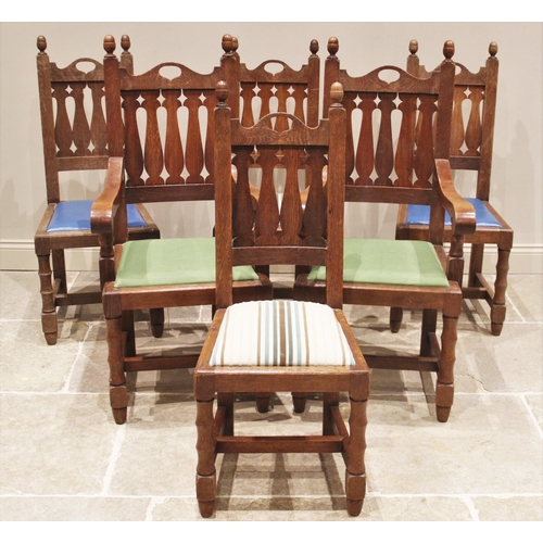 702 - A set of six Glasgow School oak Arts and Crafts dining chairs, early 20th century, each with acorn s... 