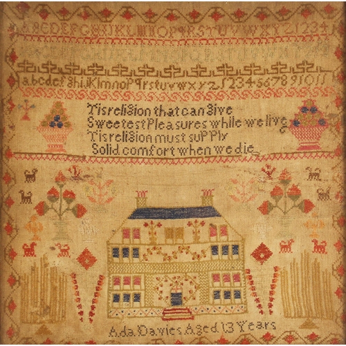 560 - A needlework sampler, probably early 19th century, worked by Ada Davies aged 13, the lower section d... 