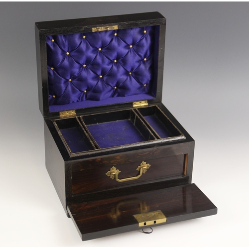 593 - A mid 19th century coromandel jewellery box, the hinged cover inset with a brass swing handle over a... 