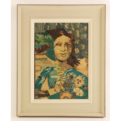 298 - Manner of Conroy Maddox (British, 1912-2005),  Portrait with flowers,  
Collage on board,  
Inscribe... 