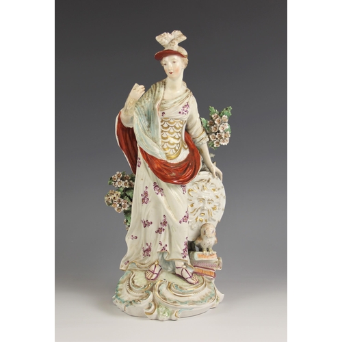 474 - A Derby porcelain figure of Minerva, late 18th century, modelled standing with a shield, books and a... 