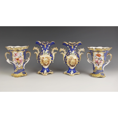 478 - A pair of English porcelain twin handled vases, probably Coalport early 19th century, each of ovoid ... 