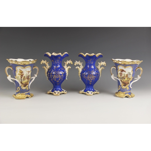 478 - A pair of English porcelain twin handled vases, probably Coalport early 19th century, each of ovoid ... 