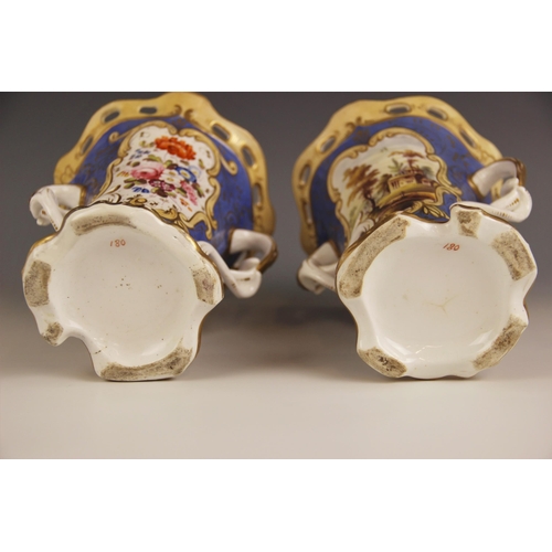 478 - A pair of English porcelain twin handled vases, probably Coalport early 19th century, each of ovoid ... 