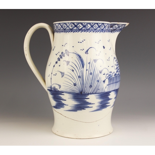 481 - A Leeds pearlware blue and white jug of large proportions, probably late 18th century, hand painted ... 