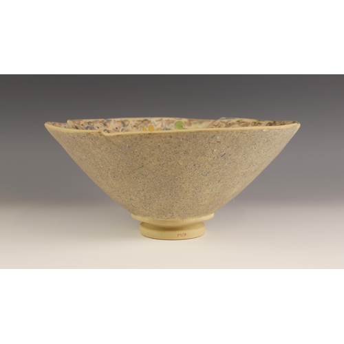 504 - A large studio pottery bowl by Pam Wright, late 20th century, of conical form with shaped rim and st... 