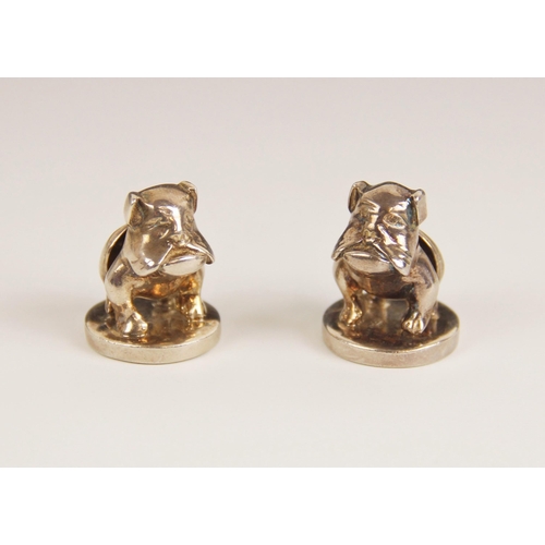 71 - A pair of novelty silver menu-card holders, Boodle & Dunthorne, London 1992, modelled as bulldogs up... 