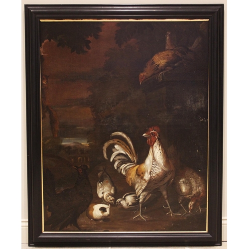 333 - Manner of Melchior de Hondecoeter (Dutch, 1636-1695),  
A cockerel with chickens, doves, a guinea pi... 