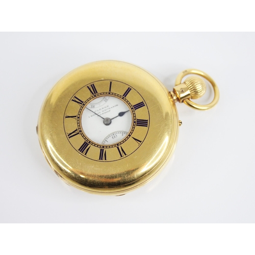 121A - An 18ct gold half hunter pocket watch, the circular white dial with Roman numerals, subsidiary dials... 