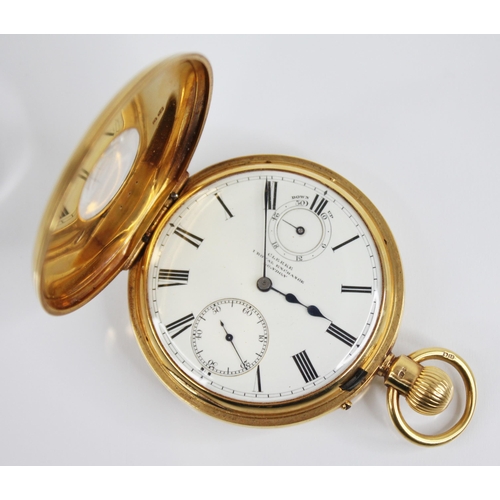 121A - An 18ct gold half hunter pocket watch, the circular white dial with Roman numerals, subsidiary dials... 