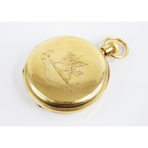 121A - An 18ct gold half hunter pocket watch, the circular white dial with Roman numerals, subsidiary dials... 