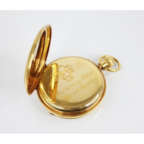 121A - An 18ct gold half hunter pocket watch, the circular white dial with Roman numerals, subsidiary dials... 