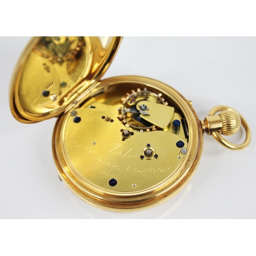 121A - An 18ct gold half hunter pocket watch, the circular white dial with Roman numerals, subsidiary dials... 