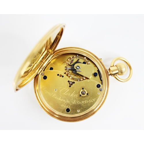 121A - An 18ct gold half hunter pocket watch, the circular white dial with Roman numerals, subsidiary dials... 