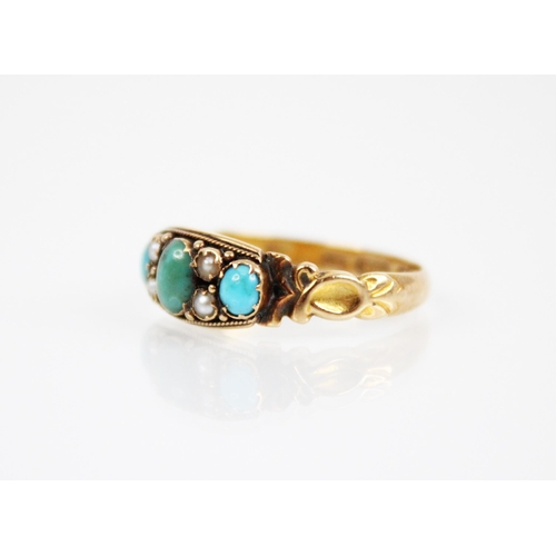 163 - A Victorian turquoise and pearl ring, the central polished oval cabochon measuring 5.5mm x 3.8mm, wi... 