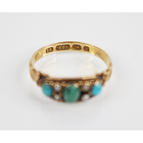 163 - A Victorian turquoise and pearl ring, the central polished oval cabochon measuring 5.5mm x 3.8mm, wi... 