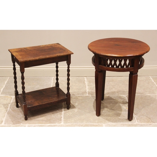 707 - A contemporary hardwood occasional table, the moulded circular top above an openwork lattice frieze,... 