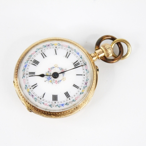 117 - A 19th century continental 14ct gold ladies fob watch, the circular white enamel dial decorated with... 