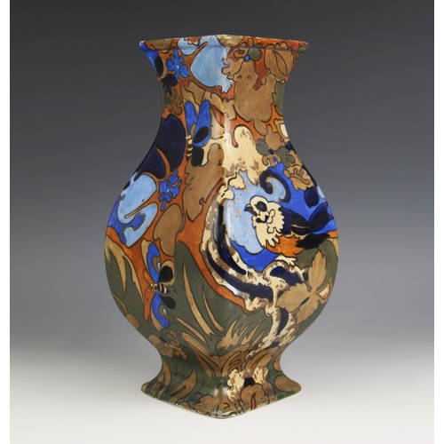 113 - A 1920s Bursley Ware Amstel pattern vase by Frederick Rhead, of square footed baluster form, printed... 