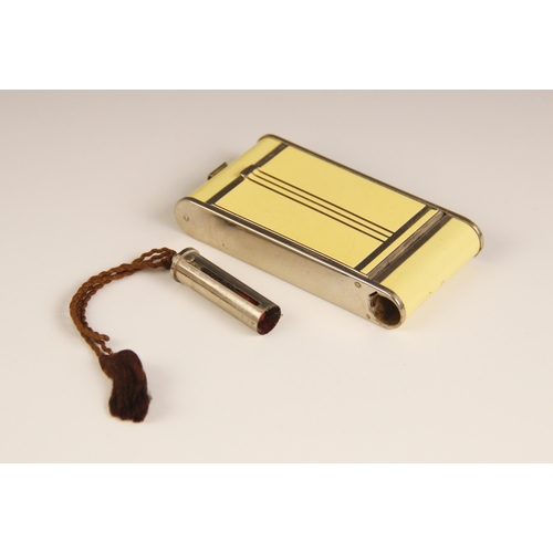 154 - An Art Deco chrome plate and cream enamel combination compact, cigarette case and lipstick in the fo... 