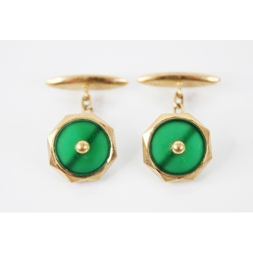 155 - A pair of 18ct gold chrysoprase cufflinks, each link of faceted octagonal form with central circular... 