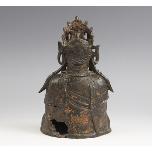 418 - A Sino-Tibetan bronze figure of buddha, 19th century, seated in dhyanasana, right hand in vitarka mu... 