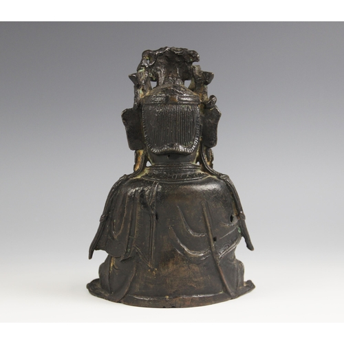 419 - A Sino-Tibetan bronze figure of buddha/boddhisattva, 19th century, seated in dhyanasana, right hand ... 