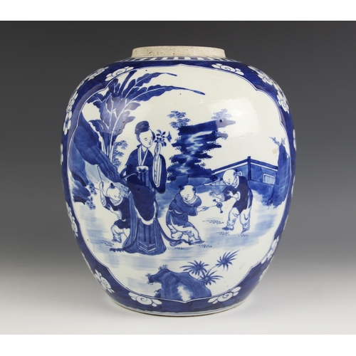 420 - A large Chinese porcelain blue and white ginger jar, 19th century, decorated with two reserves depic... 