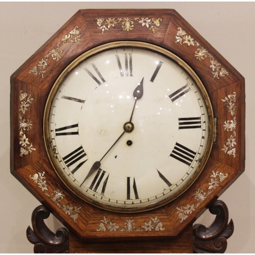 605 - A Victorian rosewood and mother of pearl inlaid drop dial single fusee wall clock, the octagonal cas... 