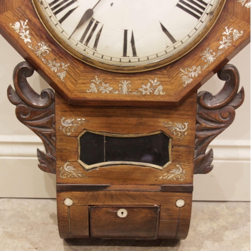 605 - A Victorian rosewood and mother of pearl inlaid drop dial single fusee wall clock, the octagonal cas... 