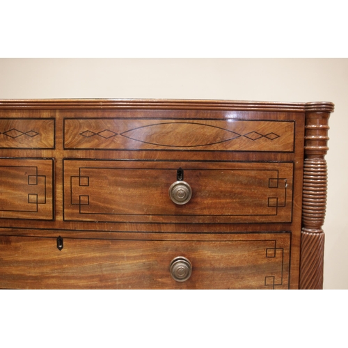 634 - A near pair of late George III mahogany bowfront chests of drawers, circa 1810, each chest with a cr... 