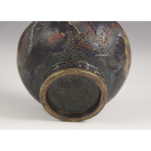 388 - A Chinese cloisonne vase, 19th century, the bottle shaped vase decorated with a dragon chasing a fla... 