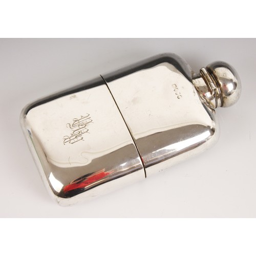 99 - A Victorian silver hip flask, Louis Dee, London 1881, of curved rectangular form with bayonet clasp ... 