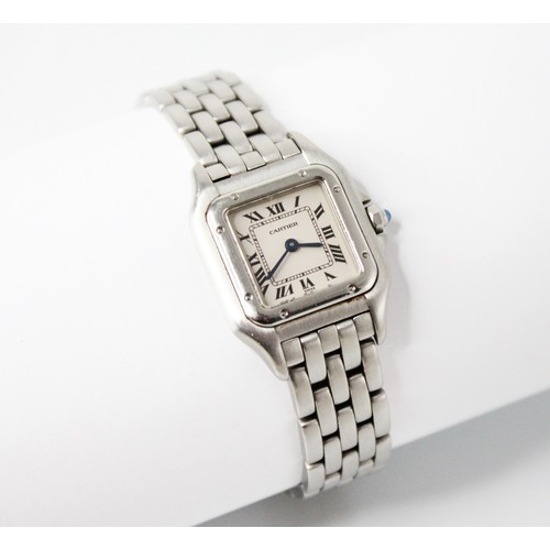 123 - A ladies Cartier Panthere stainless steel wristwatch, the white square dial with Roman numerals and ... 