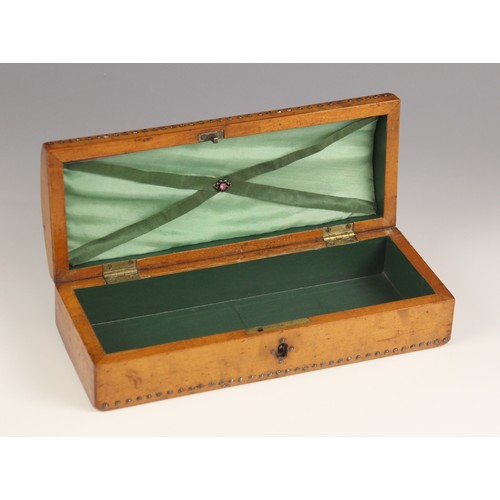 225 - A Victorian satin birch glove box, the rectangular box with hinged and domed cover, studded scroll d... 