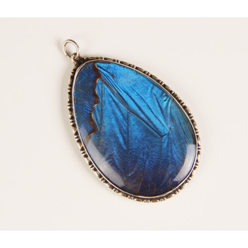 98 - A silver butterfly wing pendant, the teardrop shaped pendant with central glazed compartment contain... 