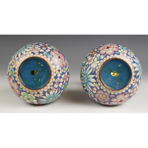 417 - A pair of Chinese cloisonne vases, 20th century, each of baluster form and decorated with peony and ... 