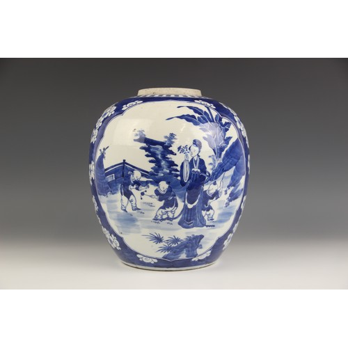 420 - A large Chinese porcelain blue and white ginger jar, 19th century, decorated with two reserves depic... 