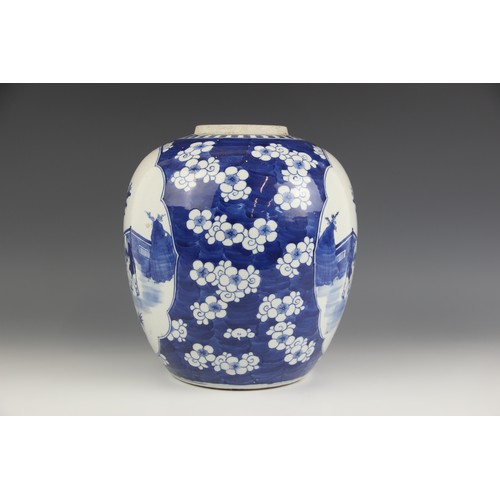 420 - A large Chinese porcelain blue and white ginger jar, 19th century, decorated with two reserves depic... 