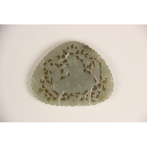 412 - A Chinese jade carving, carved with a reticulated design depicting a Chinese deity, possibly Shou La... 