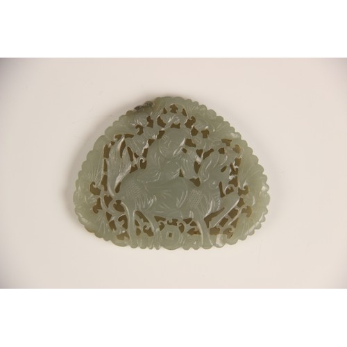 412 - A Chinese jade carving, carved with a reticulated design depicting a Chinese deity, possibly Shou La... 