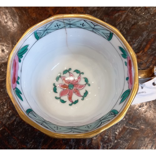 448 - A selection of porcelain teacups and saucers, 19th century, each of faceted London shape with flared... 