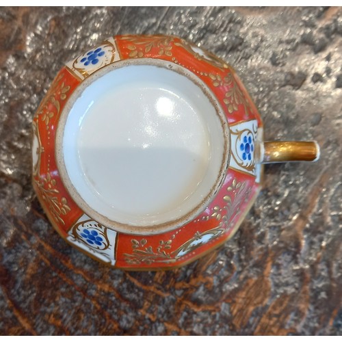 448 - A selection of porcelain teacups and saucers, 19th century, each of faceted London shape with flared... 