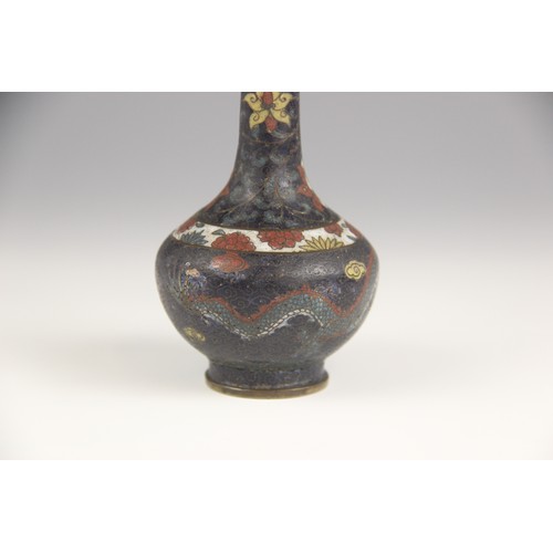 388 - A Chinese cloisonne vase, 19th century, the bottle shaped vase decorated with a dragon chasing a fla... 