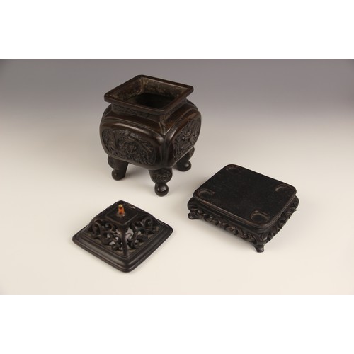 373 - A Chinese bronze koro and cover, 19th century, the square section bronze body raised on four legs wi... 