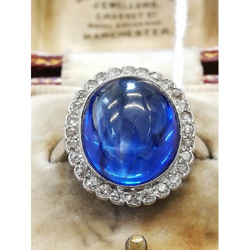 192 - An early 20th century sapphire and diamond cluster ring, the central oval sapphire cabochon measurin... 